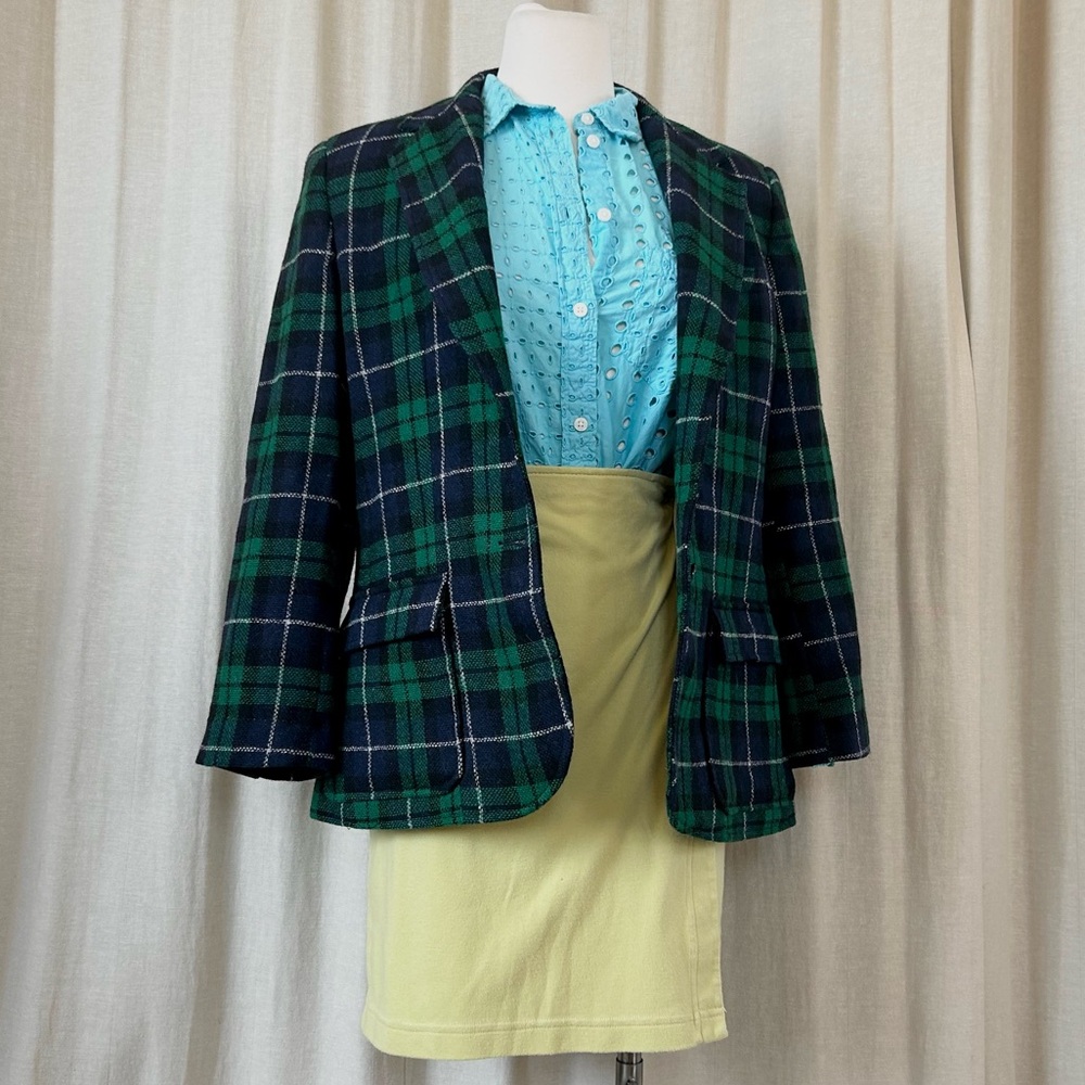 Oversized Plaid Blazer Forest Green Blue Villager Vintage Jacket